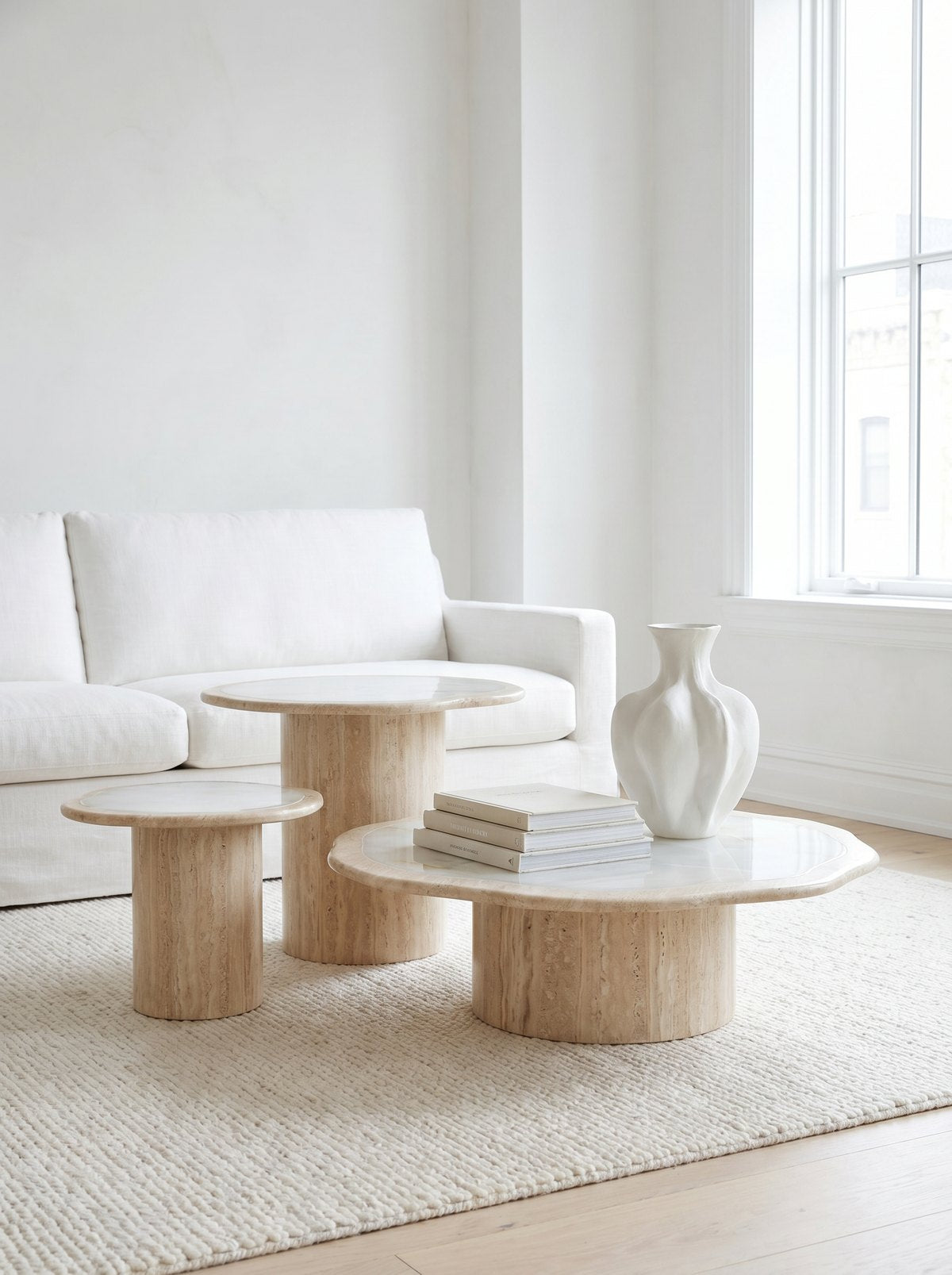 Giada Coffee Table in White Travertine, Trio